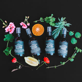 Green Room face serums in a line on a black background surrounded by ingredients such as plants and botanicals for the Youthful Glow, Mood Boost, Stress Relief, & Fragrance Free Face Serums.