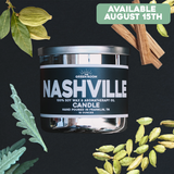 Nashville 100% soy wax candle with cardamom pods, sandalwood sticks and fresh greenery, available August 15