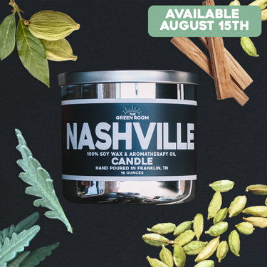 Nashville 100% soy wax candle with cardamom pods, sandalwood sticks and fresh greenery, available August 15