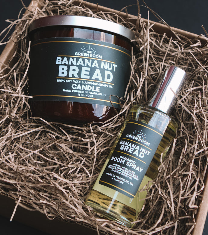 The Green Room Banana Nut Bread Non-toxic candle and room & linen spray in a box together.