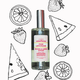 Illustration of the Pink Lemonade room spray bottle with fruit doodles