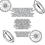 Black and white product label with text and illustrations of a fruit on a white background