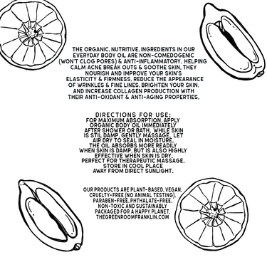 Black and white product label with text and illustrations of a fruit on a white background