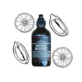 Bottle of Green Room Organic Everyday Body Oil labeled 'Mood Boost' with lemon illustrations on a white background.