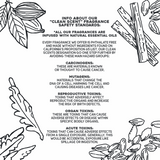 The Green Room's Clean Scent fragrance safety standards: phthalate free, no Prop 65 ingredients, no carcinogens, mutagens, reproductive toxins, organ toxins, or acute toxins