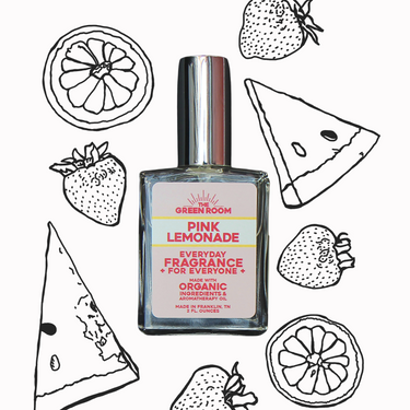 Illustration of the Pink Lemonade cologne bottle with fruit doodles