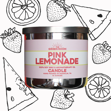 Illustration of the Pink Lemonade candle with watermelon, strawberry and citrus doodles