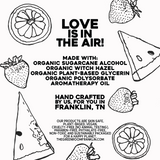 Made with organic sugarcane alcohol, witch hazel, plant-based glycerin and aromatherapy oil. Skin safe, vegan, cruelty-free, phthalate-free. Handcrafted in Franklin, TN