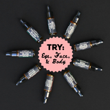 The Green Room Organic Skincare Samplers: 5 ml amber dropper vials of face serum, eye serum and body oil (Bright Eyed Organic Eye Serum · Youthful Glow Organic Face Serum · Mood Boost Organic Face Serum · Stress Relief Organic Face Serum · Fragrance Free Organic Face Serum · Youthful Glow Organic Body Oil · Mood Boost Organic Body Oil · Stress Relief Organic Body Oil · Fragrance Free Organic Body Oil) arranged in a ring on black, around a pink badge that reads Try: Eye, Face & Body.